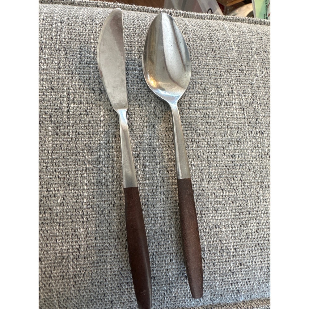 Interpur Stainless Japan Wood Handle Flatware MCM Knife Spoon 2pc Set Vintage